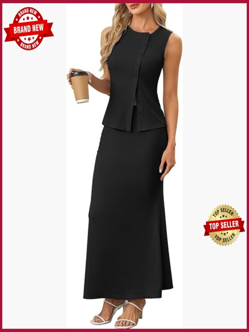 Knit Bodycon Maxi Skirt Set Sleeveless Tank Top Two Piece Outfit